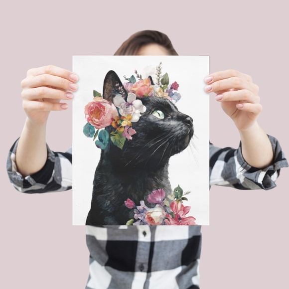 Watercolor Black Cat With Flowers Portrait Wall Art Print Unframed - Picture 3 of 6